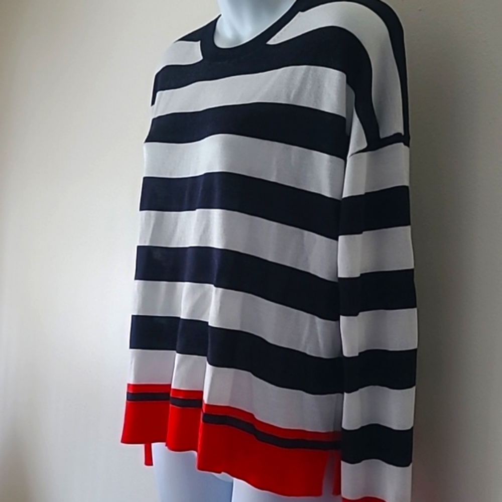 ZARA Striped Navy and White Knit Sweater with Red Accents - Picture 4 of 9